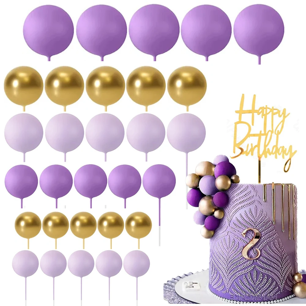 31Pcs Purple Balls Cake Decoration Lotus Baby Purple Faux Balls Gold Happy Birthday Cake Topper for Baby Shower Birthday Party