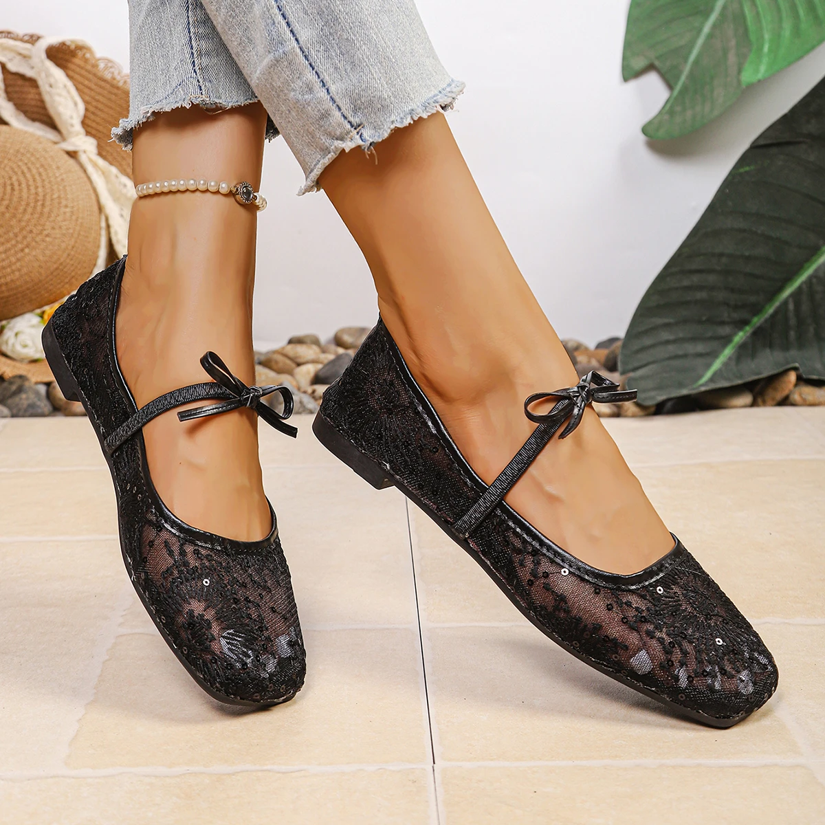 Frühling/Sommer Elegante Ballerinas mit eckiger Zehenpartie, sexy Mesh-Ballerinas, modische, meistverkaufte, neue, bequeme Damenschuhe in großen Größen – Detail 4