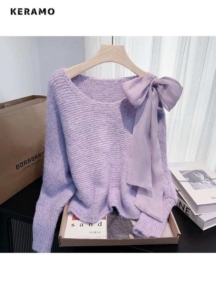

2025 зимний элегантный вязаный пуловер с круглым вырезом и длинными рукавами, женский сексуальный однотонный шикарный женский свитер с бантом, фиолетовый топ