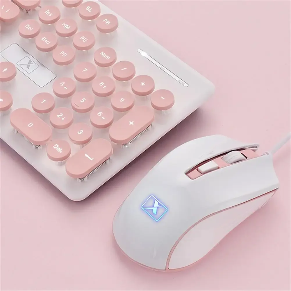 Portable Retro Pink Keyboard Mouse Kit Wired Steampunk Gaming Keyboard with Round Key Cap Multimedia Button Keyboard Mouse Set