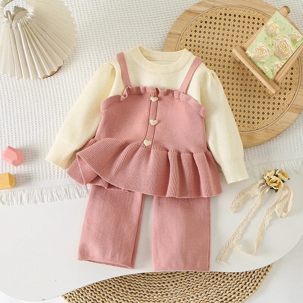 2025 Spring Autumn 1-6Y Girls 2PCS Clothes Set Heart Button Lace Hem Kids Girls Fake Two Knitwear Elastic Waist Girls Pants Suit