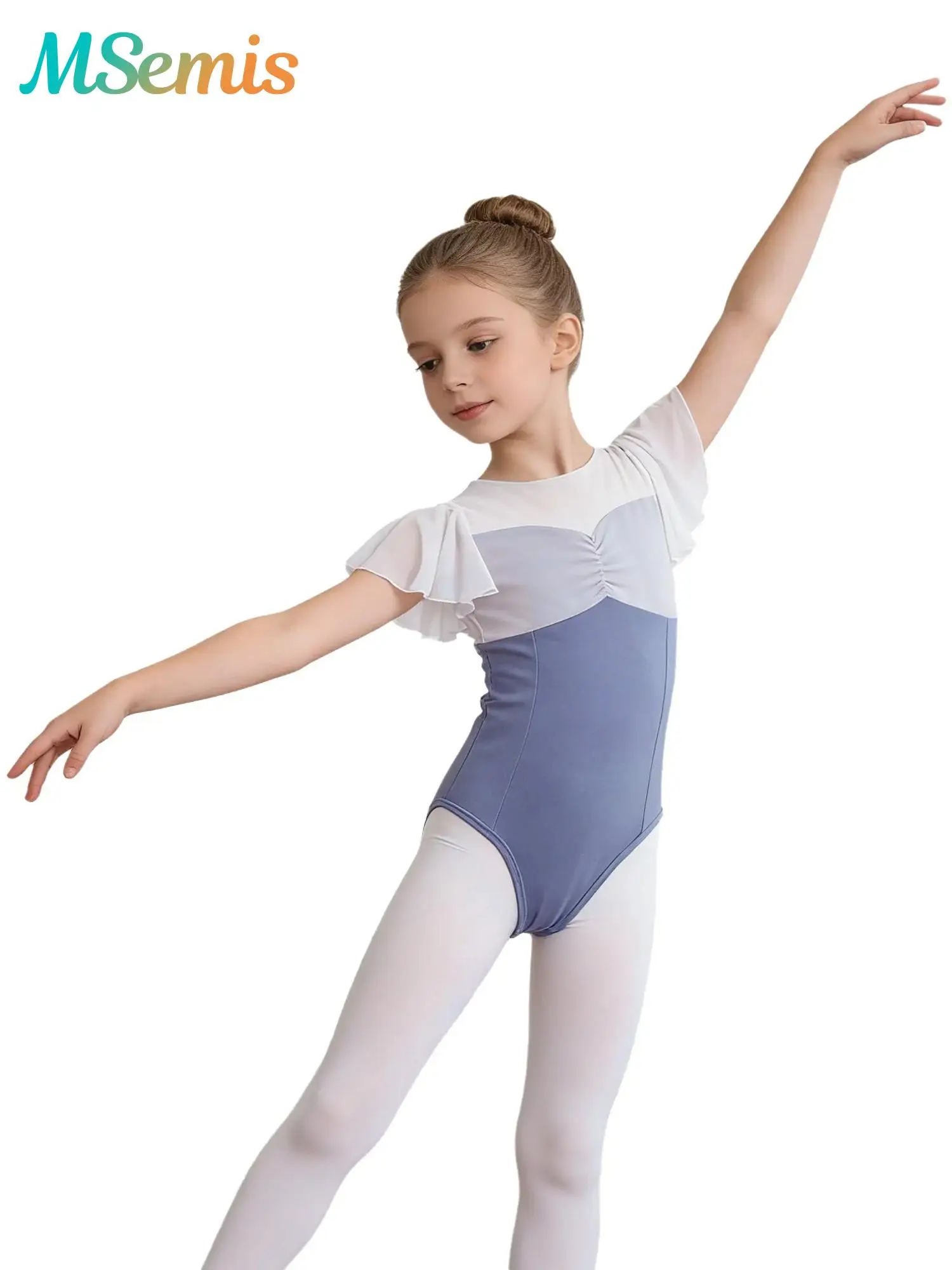 Mädchen Gymnastik- und Ballett-Trikot, Tanzkostüm mit Netzrüschenärmeln, Druckknopf im Schritt, Bodysuit Tanzkleidung