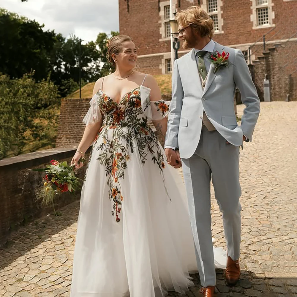 انفصال الأكمام الملونة المطرزة فستاين سهرة/فساتين الحفلات الدانتيل إغلاق مخصص الجنية شبكة حجم كبير السباغيتي الأشرطة فستان الزفاف