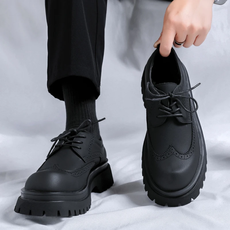 Platform Men Leather Shoes Casual Formal Dress Oxfords Brogues British Style Wedding Flats Soft Breathable Walking Office Shoe