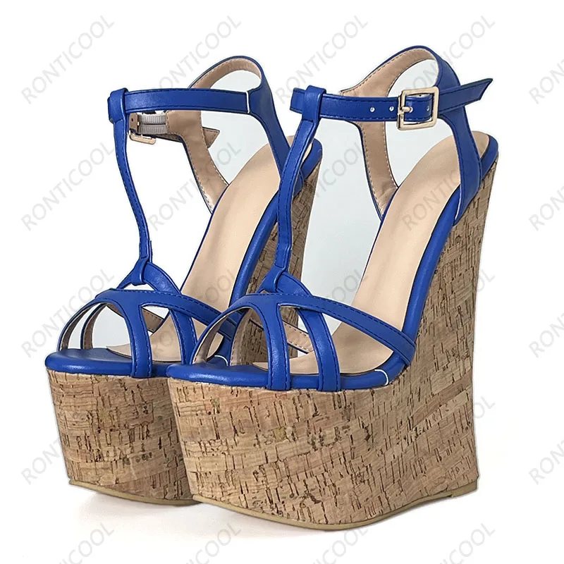 Ronticool Handmade Women T-strap Sandals Ultra High Wedges Heels Round Toe Classics Black Dress Shoes Ladies US Plus Size 5-15