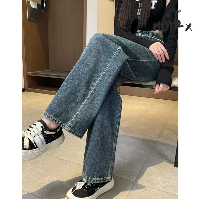 Wide-leg Jeans with Tassel for Female Raw Edge High Waist Loose Straight Pants Color Pocket Design Mopping Pants Spring New Styl