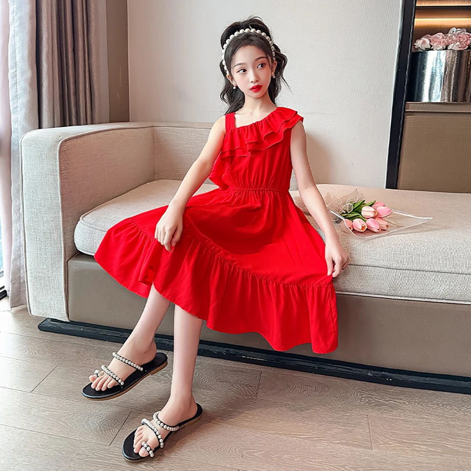 Kids Dresses For Girls Solid Color Girl Summer Dress Casual Style Dress For Children Big Childrens Clothing 6 8 10 12 14