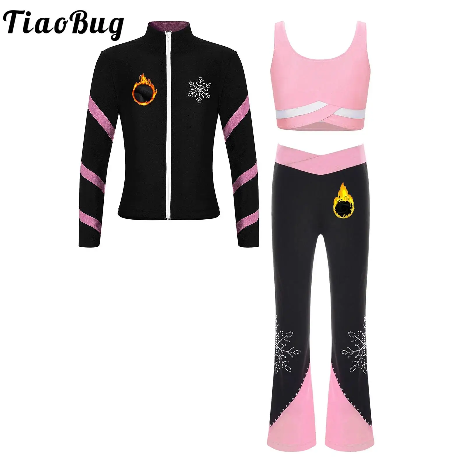 Kids Girls Figure Skating Gymnastics Dancewear Sports Jacket Sweatshirt with Vest Flared Pants Set Dance Workout Yoga Tracksuit