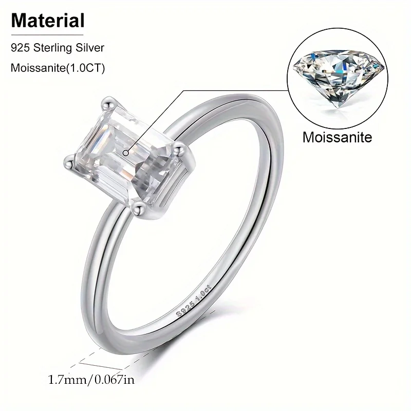 1pc S925 Sterling Silver with 1 Carat T-Square Grandmother Cut Moissanite Fashion Simple Ring, Gemstone Jewelry | Gifts for Moth