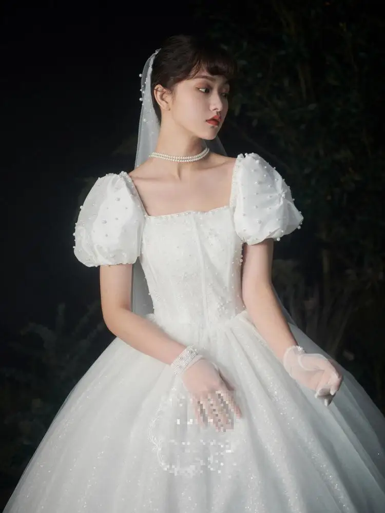 Bubble Sleeve Nail Bead Wedding Dress New Bridal Tail Starry Sky French Princess European And American Dress Customized