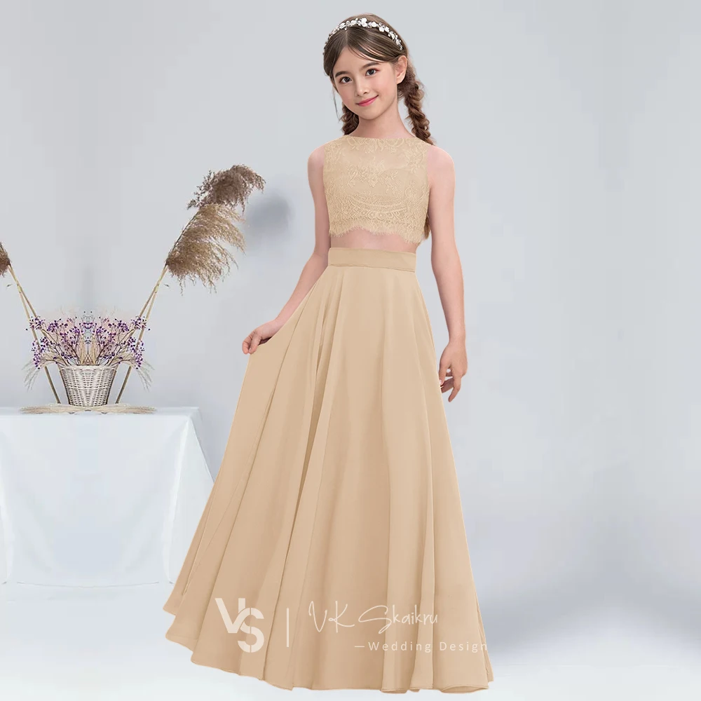 Linha a scoop floor-length chiffon renda júnior vestidos de dama de honra sem mangas 2 pçs vestido da menina de flor de verão vestido de dama de honra da menina