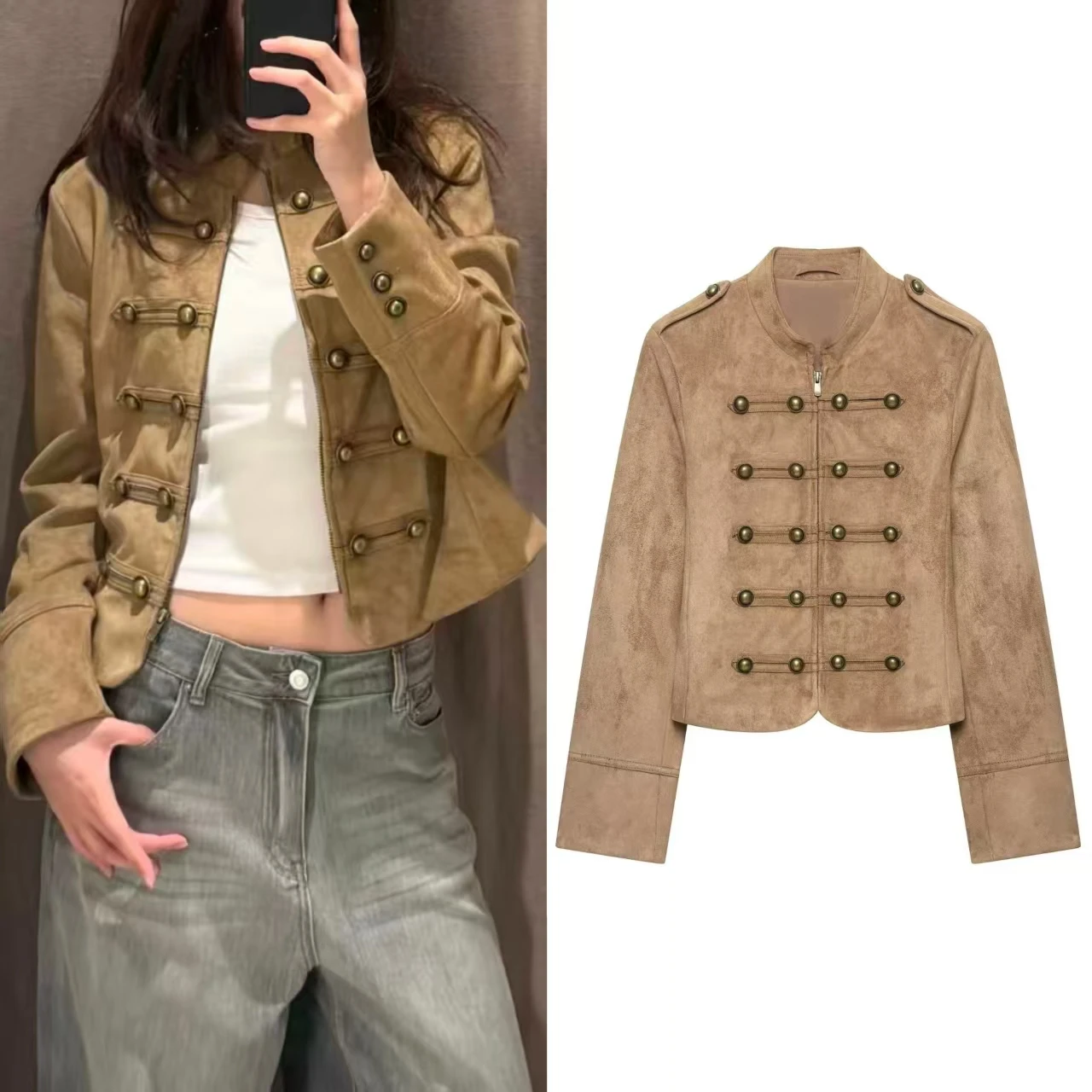 Guobioziy Women's Jacket 2026 Fall New Arrival Camel Long-Sleeve Button-Decorated Napoleon Knight Biker Jacket Stylish Trendy