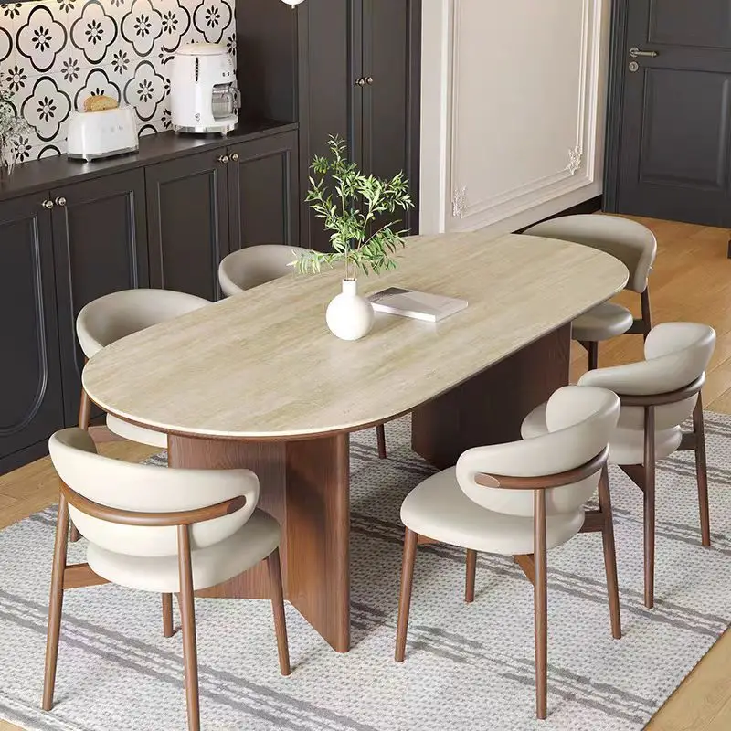 Modern walnut kitchen limestone sintering stone dining table oval solid wood legs dining table set