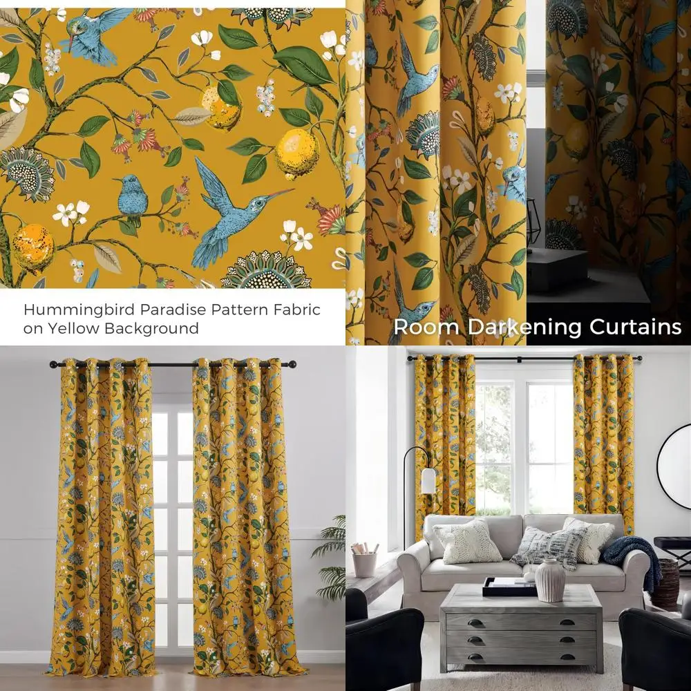 

Роскошные горчично-желтые затемняющие шторы от пола до потолка с цветочным принтом 120 и колибри для гостиных и столовых комнат