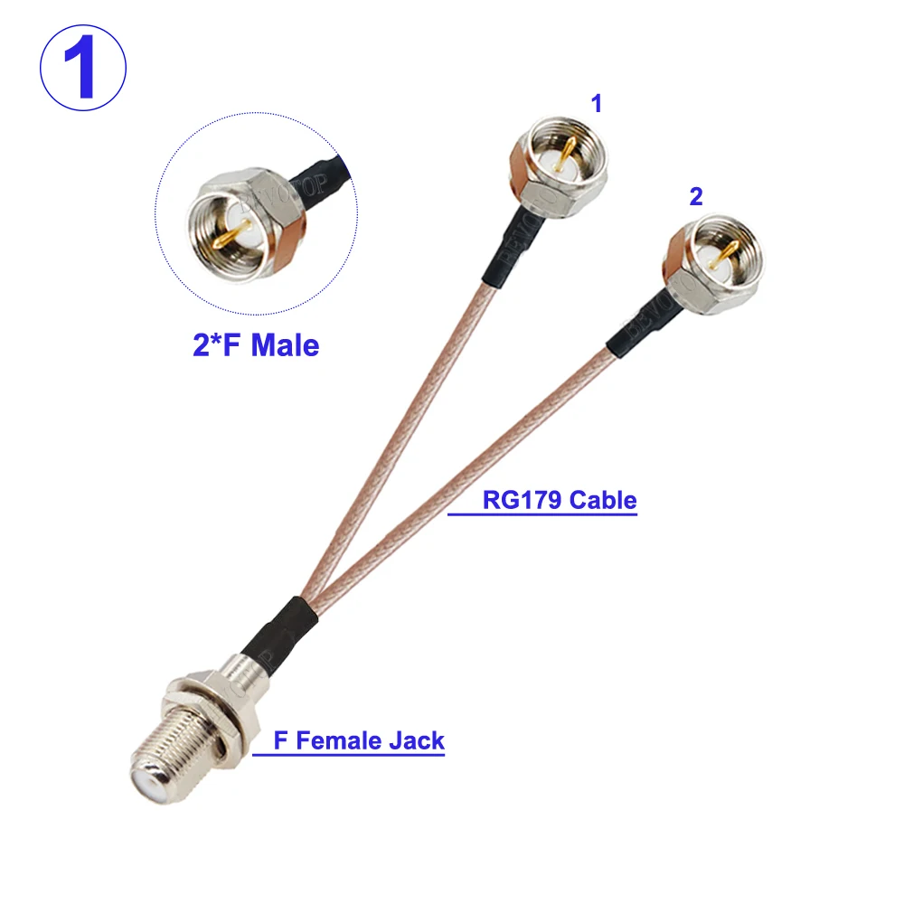 RG-179 F Splitter Cable 1xF Male to 2xF Male/Female Connector 75Ohm RG179 Cable Y Type TV Satellite Coaxial Splitter Combiner