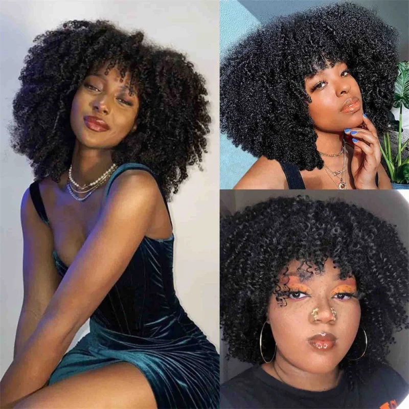 

Афро-парик с челкой, 12 дюймов, женский, черный, короткий, кудрявый, подходит для повседневной носки и вечеринок