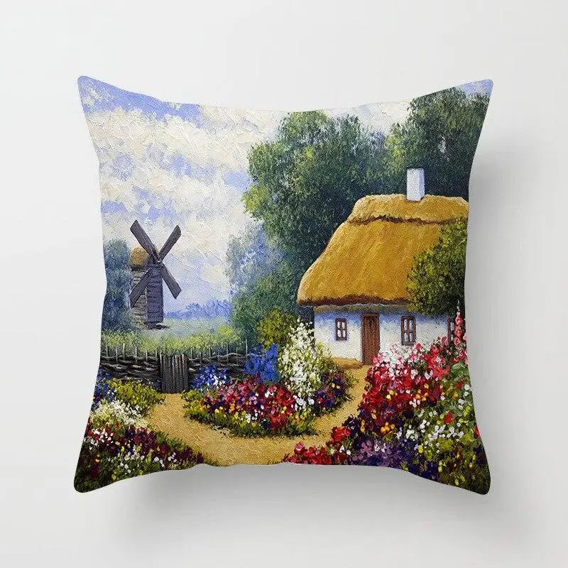 Funda de almohada Retro Para decoración del hogar, cubierta de cojín con pintura al óleo, paisaje Pastoral, flores y pájaros, adorno para sala de