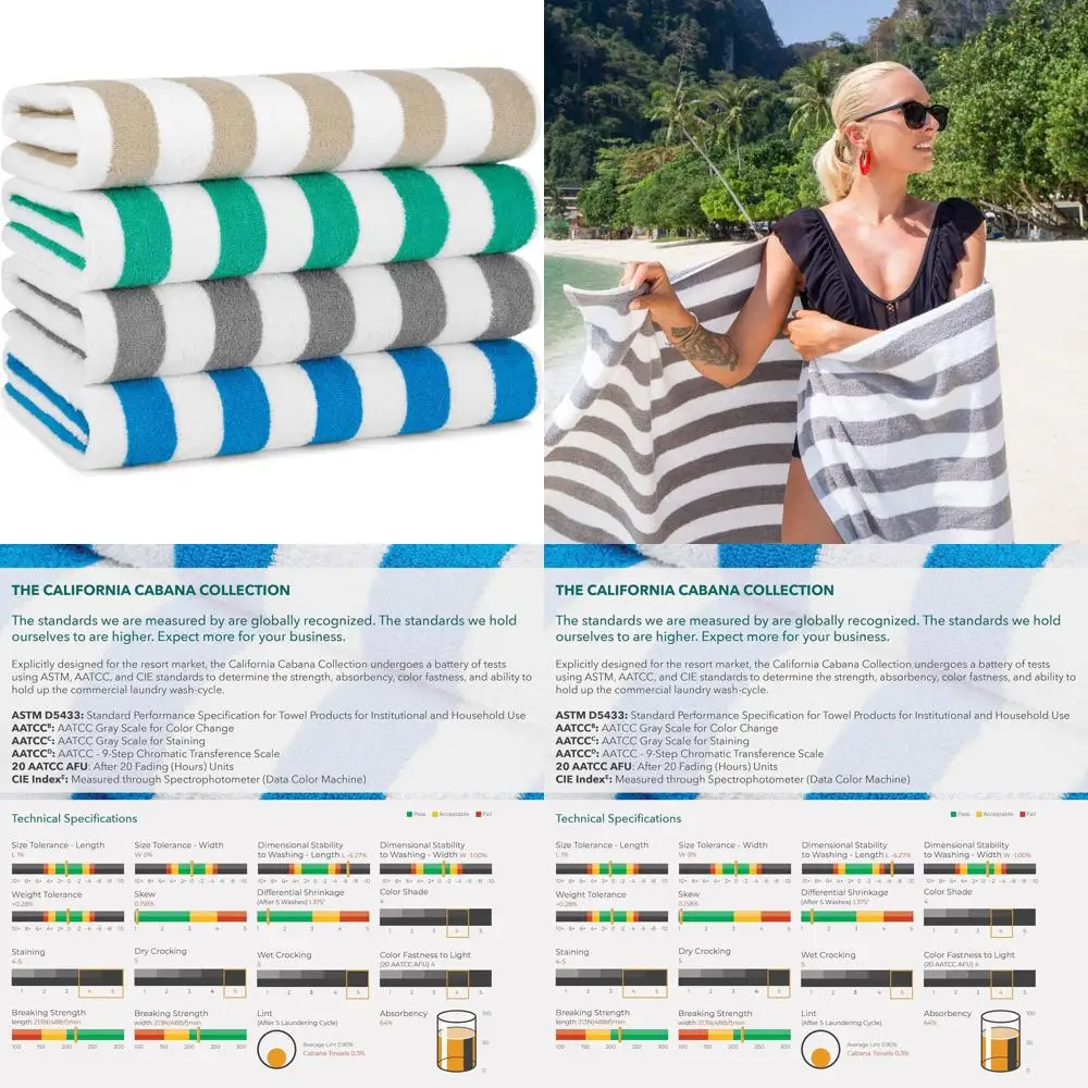 

California Cabana Stripe Towel Set - 4 Pack, Large Quick-Dry Cotton, 30x70 inches, Ideal for Pool and Beach