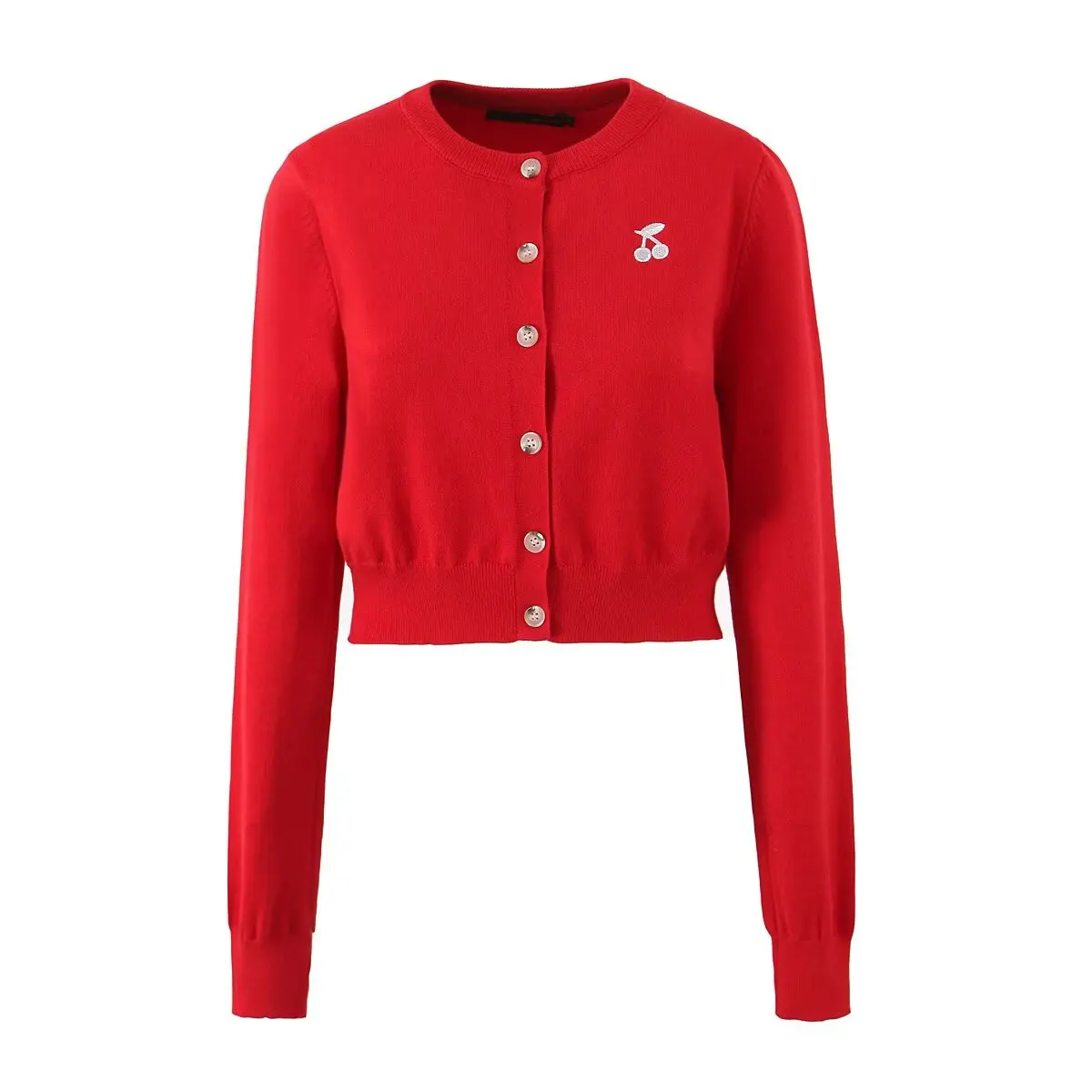 French retro red sweater coat for women early autumn new cherry embroidery round neck knitted cardigan