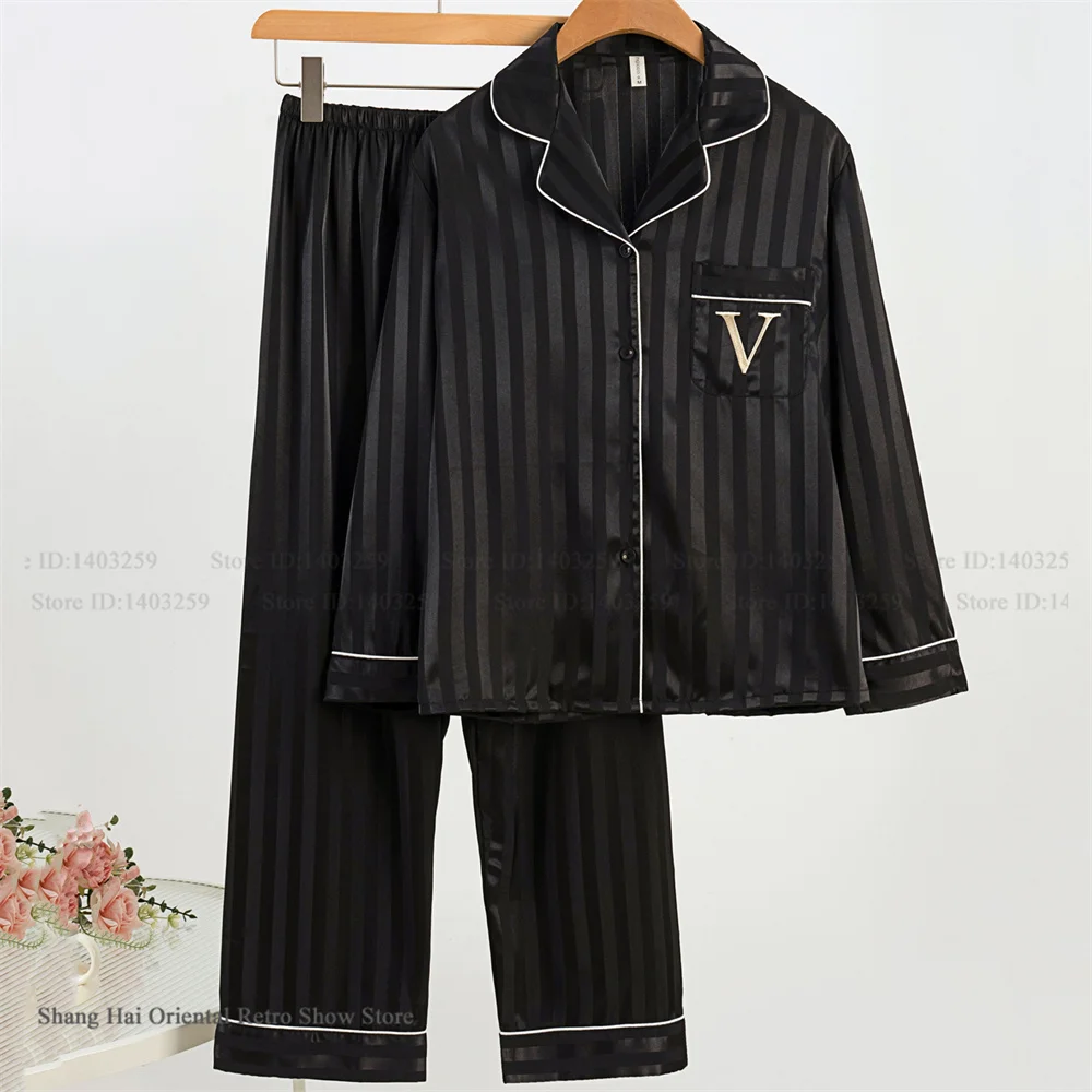 

Ice Silk Female 2PCS Pajamas Set Sleepwear Black Striped Embroidery Pijamas Trouser Suits Spring Summer New Homewear Loungewear