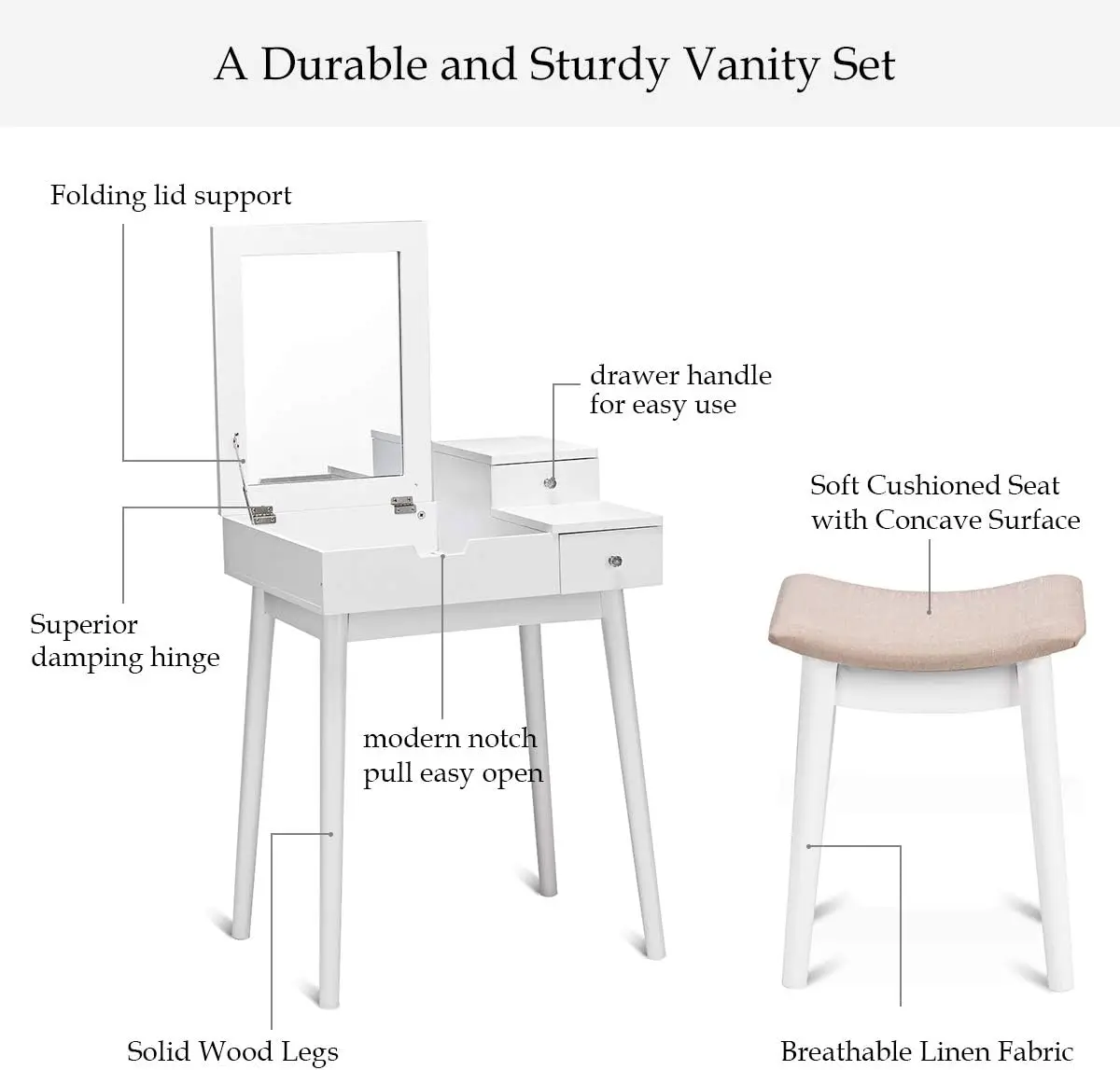 طقم طاولة زينة بيضاء مع مرآة، سطح قابل للطي، درجين، مقعد مبطن، منظم تخزين كبير لغرفة النوم أو الحمام #5