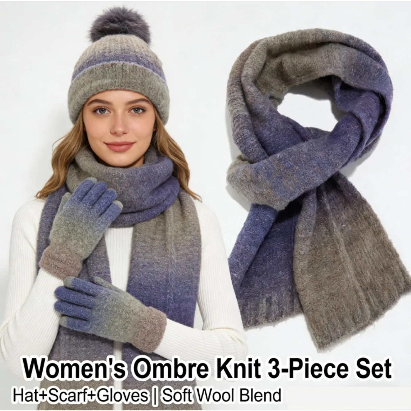 

Three - Piece Set European and American Fashion Style Pom - Pom Knitted Hat + Scarf + Gloves Winter Warmth Essential