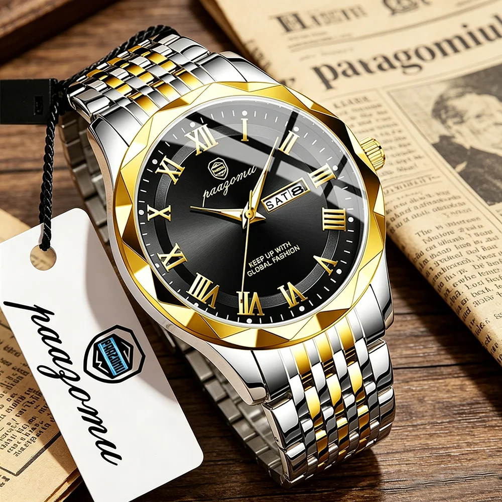 

Мужские кварцевые наручные часы PAAZOMU, с римскими цифрами и двойной датой, водонепроницаемый ремешок из нержавеющей стали, деловые повседневные часы для мужчин, модные.