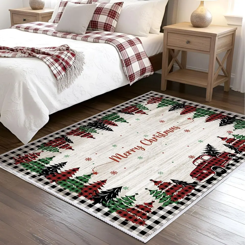 Watercolor Christmas Bear Plaid Rug, Washable for Entryway or Living Room, 2x3/5x7 ft