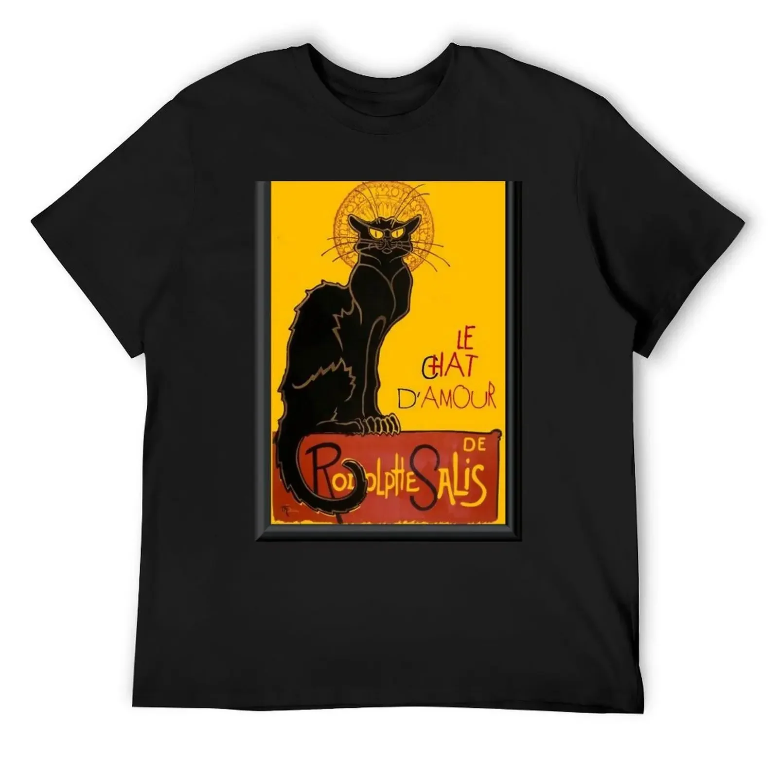 Camiseta vectorial enmarcada de gato negro Le Chat D Amour, tops de talla grande, camisa de anime de lujo para hombre, camisetas sublime de peso pesado para hombres