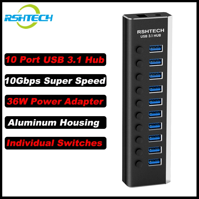 rshtech usb hub 10 portas usb 32 gen expansor 10gbps 36w 12v 3a adaptador de alimentacao aluminio usb c hubs divisor para computador portatil 01