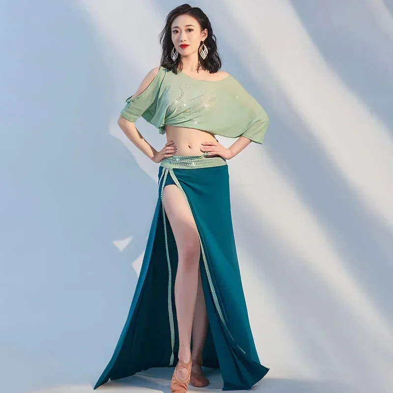 

2023 New Oriental Dance Belly Practice Clothing Half Sleeves Top+split Long Skirt Women Elegant Sexy side slit Dance Clothing