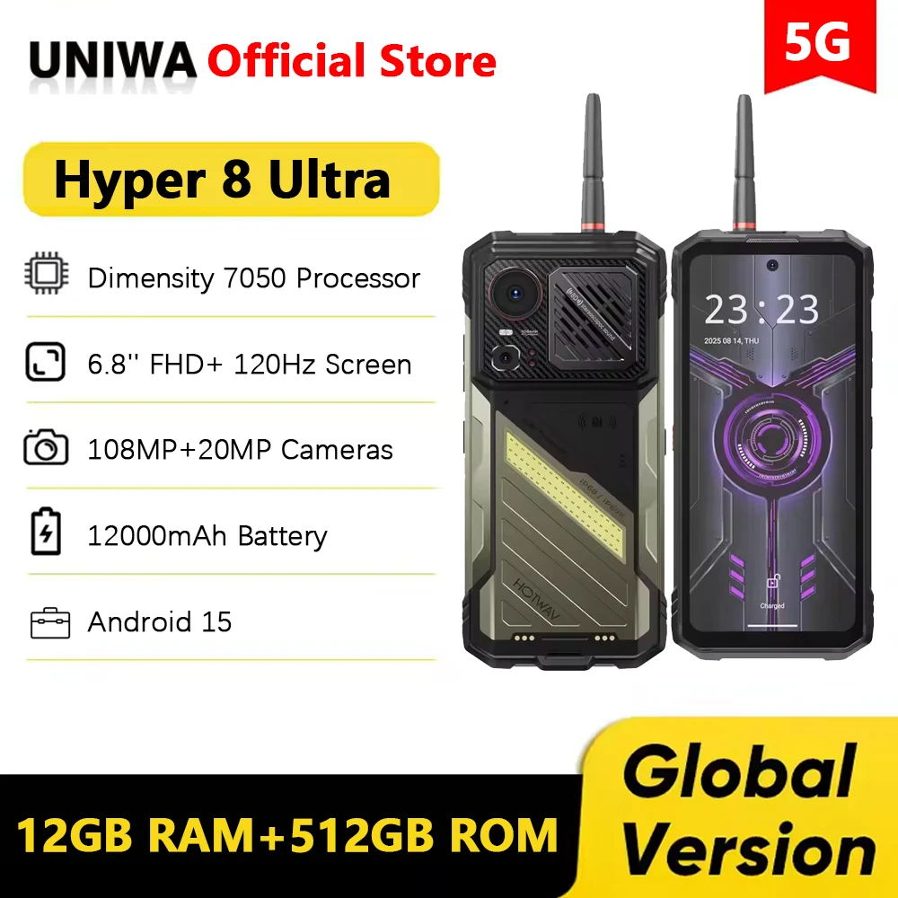 HOTWAV Hyper 8 Ultra โทรศัพท์มือถือแบบวอล์คกี้ทอล์คกี้ ทนทาน ใช้ชิปเซ็ต Dimensity 7050 หน่วยความจำ 12GB ความจุ 512GB แบตเตอรี่ 12000mAh กล้อง 108MP รองรับ NFC ระบบปฏิบัติการ Android 15