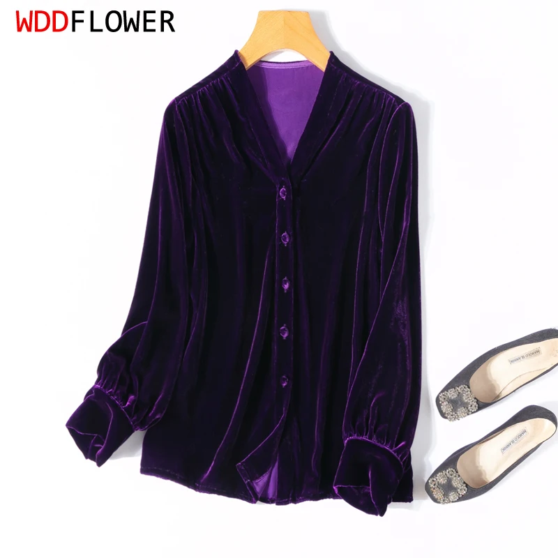 

Women Velvet Silk Shirt 100% Mulberry Silk Lining Purple V Neck Long Sleeve Buttons Down Top Blouse Office Lady M L XL M1047