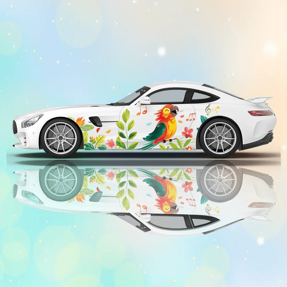 Colorful Parrot Music Grass Car Vinyl Wraps Decal Self-adhesive PVC Sticker Suitable for Trucks SUV Decoration Auto Accessories
