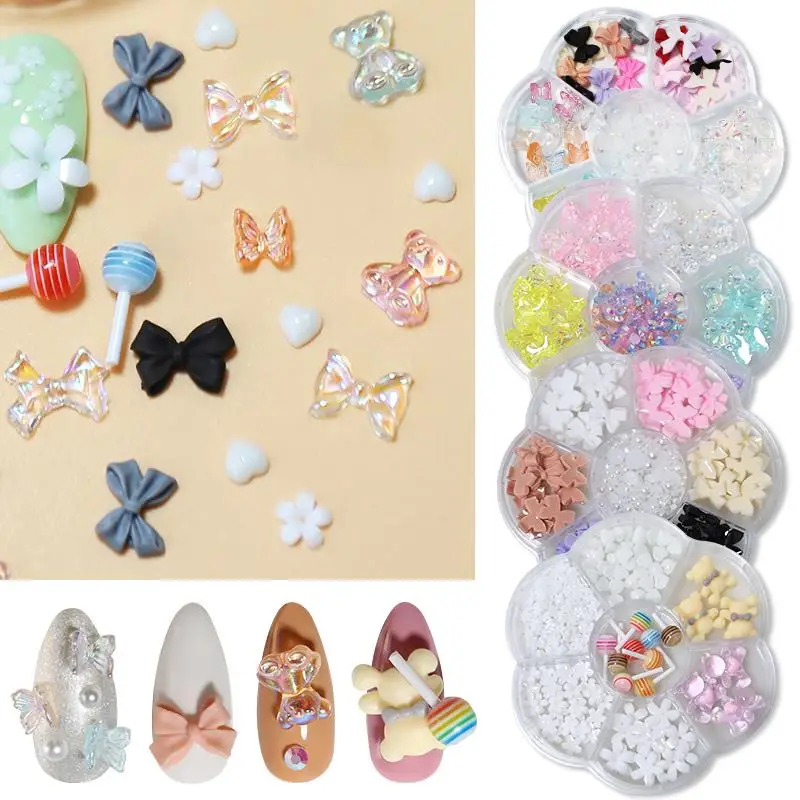 1 Stück Blumen-Nageldekorationszubehör-Box mit 3D-Bären-Anhängern, Strass, niedliches Nageldekorationsset für kreative Maniküre-DIY
