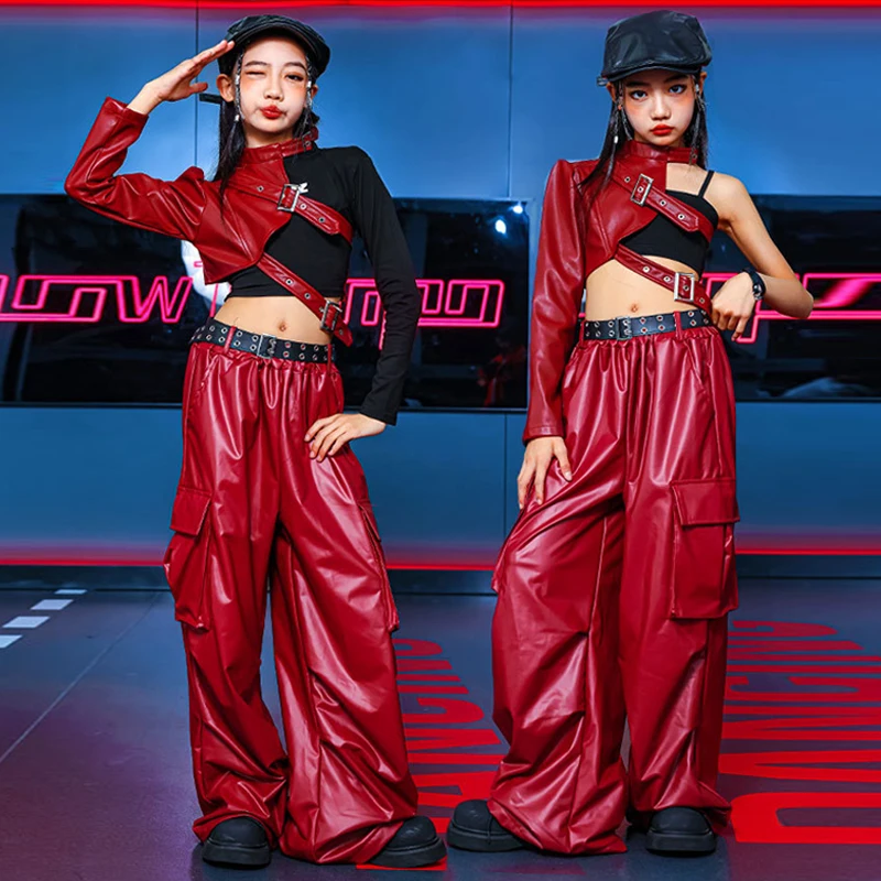 Kids Street Dance Costume Girls Red Hip Hop Set Fashion Runways Show Outfit Kids Dancer Team Stage Wear Jazz Dance Clothing 2388