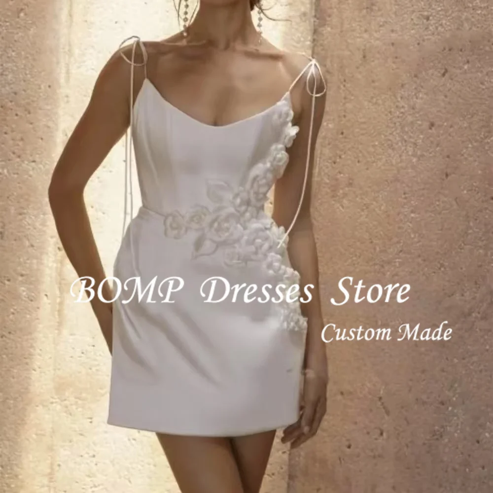 BOMP Customized Spaghetti Straps Short Mini A Line Wedding Second Dress 3D Flowers Satin Backless Sleeveless Bridal Gown 2025