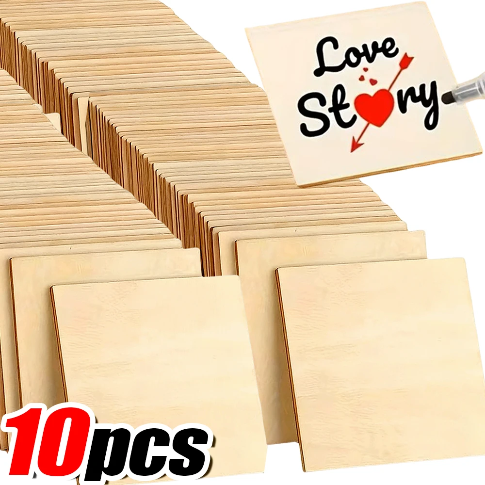 10 Uds. De hojas de madera en blanco, rodajas cuadradas sin terminar, pintura artesanal, manualidades, piezas de madera, posavasos de azulejo recortado de madera fina, 10x10cm