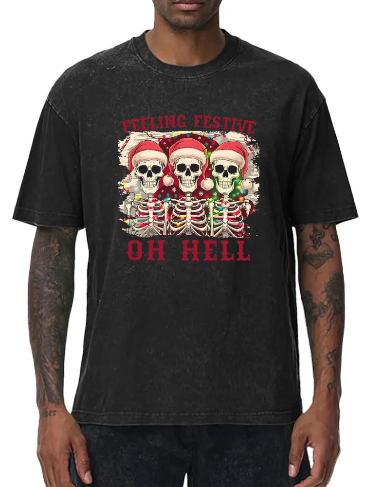 

Three Christmas Skulls 230g Heavy Cotton Washed Oversized T-Shirt for Men Christmas Graphic Tee Retro Casual Top