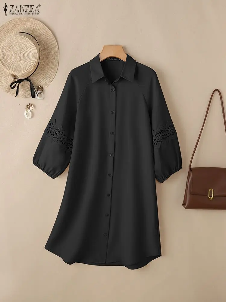 فستان نسائي مخرم مزين بالدانتيل موضة ربيع 2026 3/4 كم فانوس بياقة بطول الركبة ملابس نسائية من ZANZEA