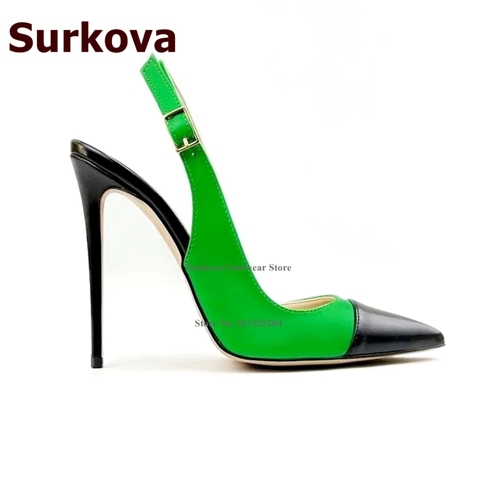 Surkova Neon Yellow Slingback High Heel Shoes 12CM 10CM 8CM Stilettos Pointy Toe Shallow Pumps Red Green Leopard Patchwork Shoes