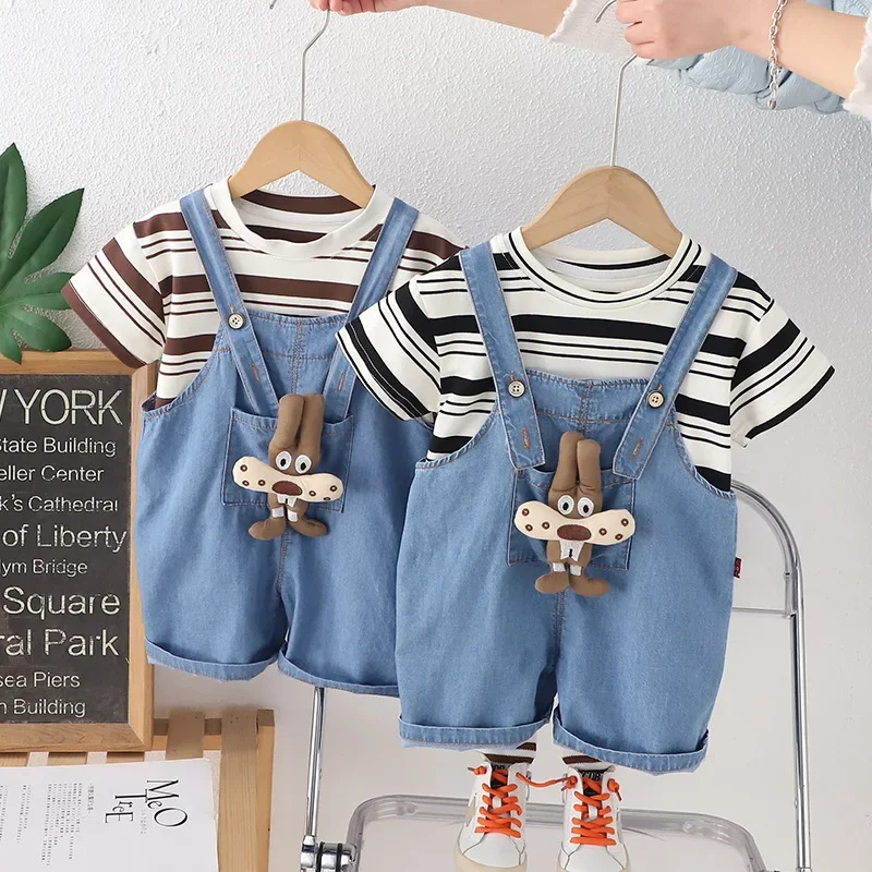 Children's Set Summer Dress Boys and Girls Striped T Short Sleeve Cute Cotton Cartoon Pendant Cowboy Strap