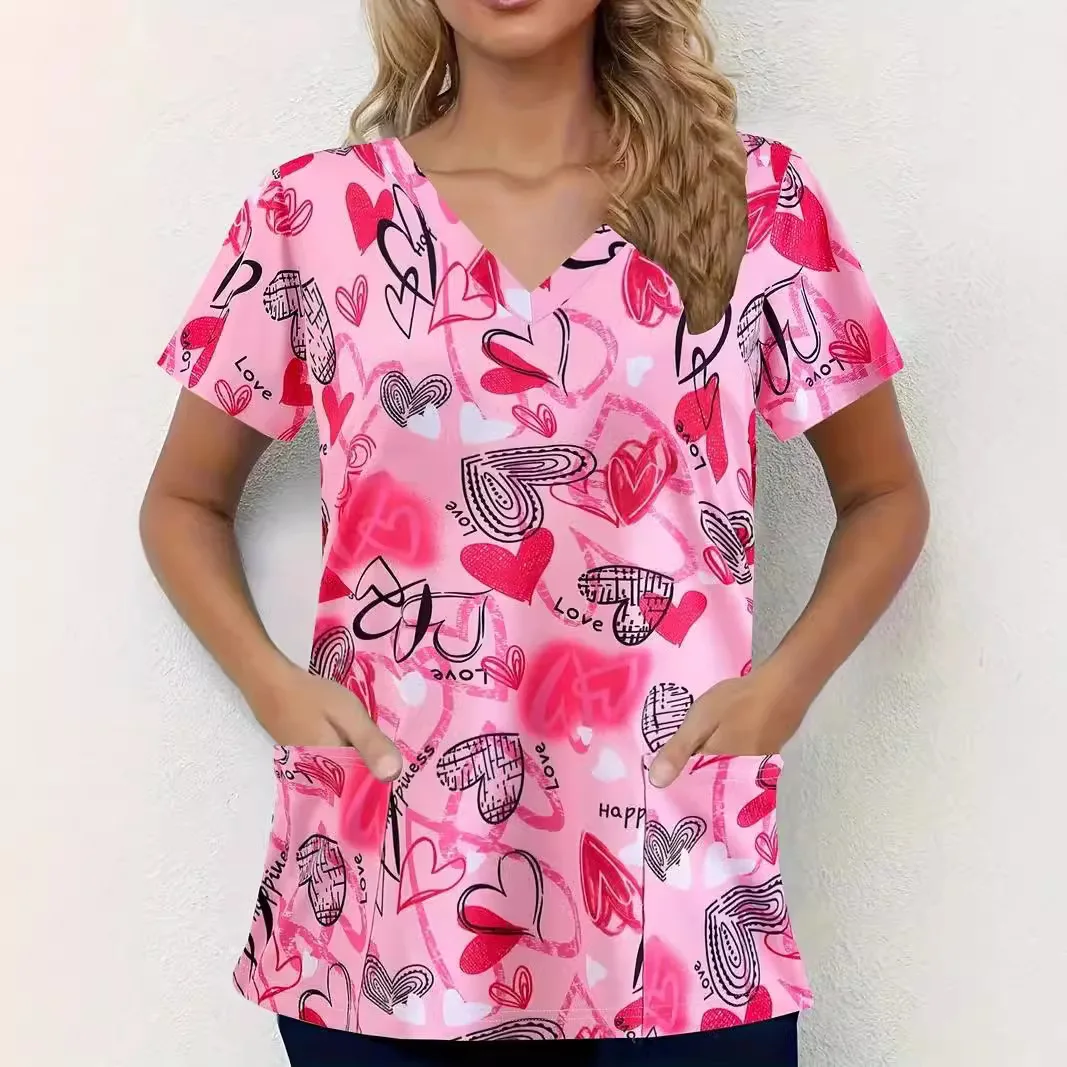 Women's V-neck slim fit shoulder double patch pocket short sleeved nursing clothes hot selling romantic Halloween love 3D printi