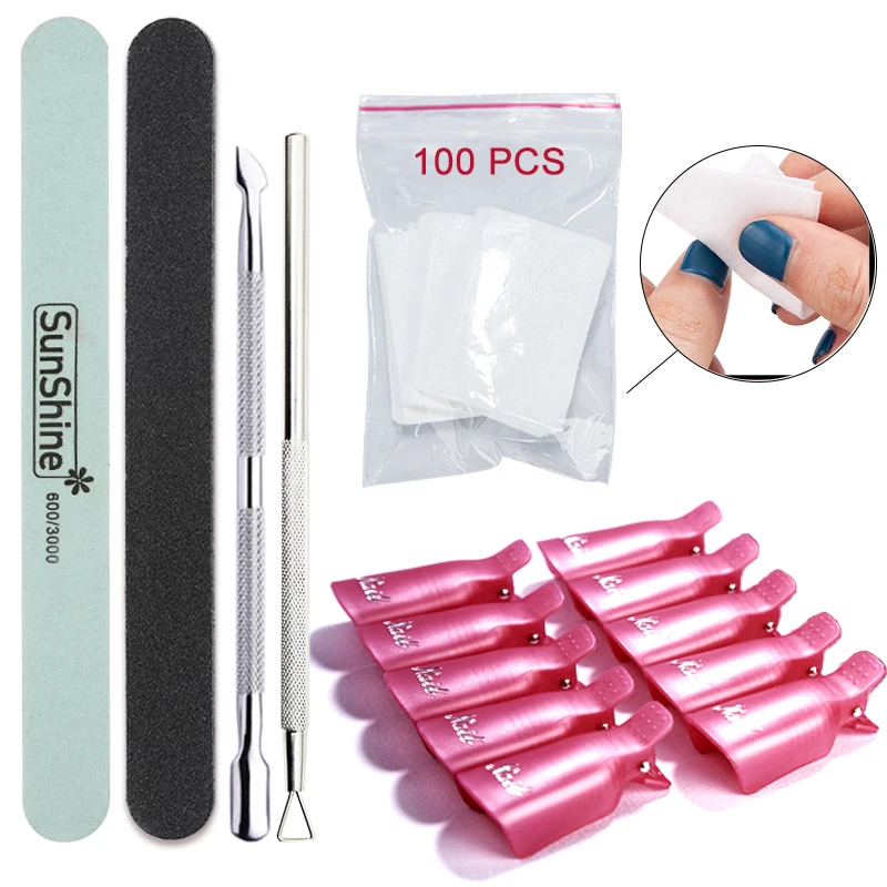 Soak Off Cuticle Pusher Manicure Nail Polish Remover Tool Kit For Dip Powder Fingernail Toenail Salon Clip Pad Brush File