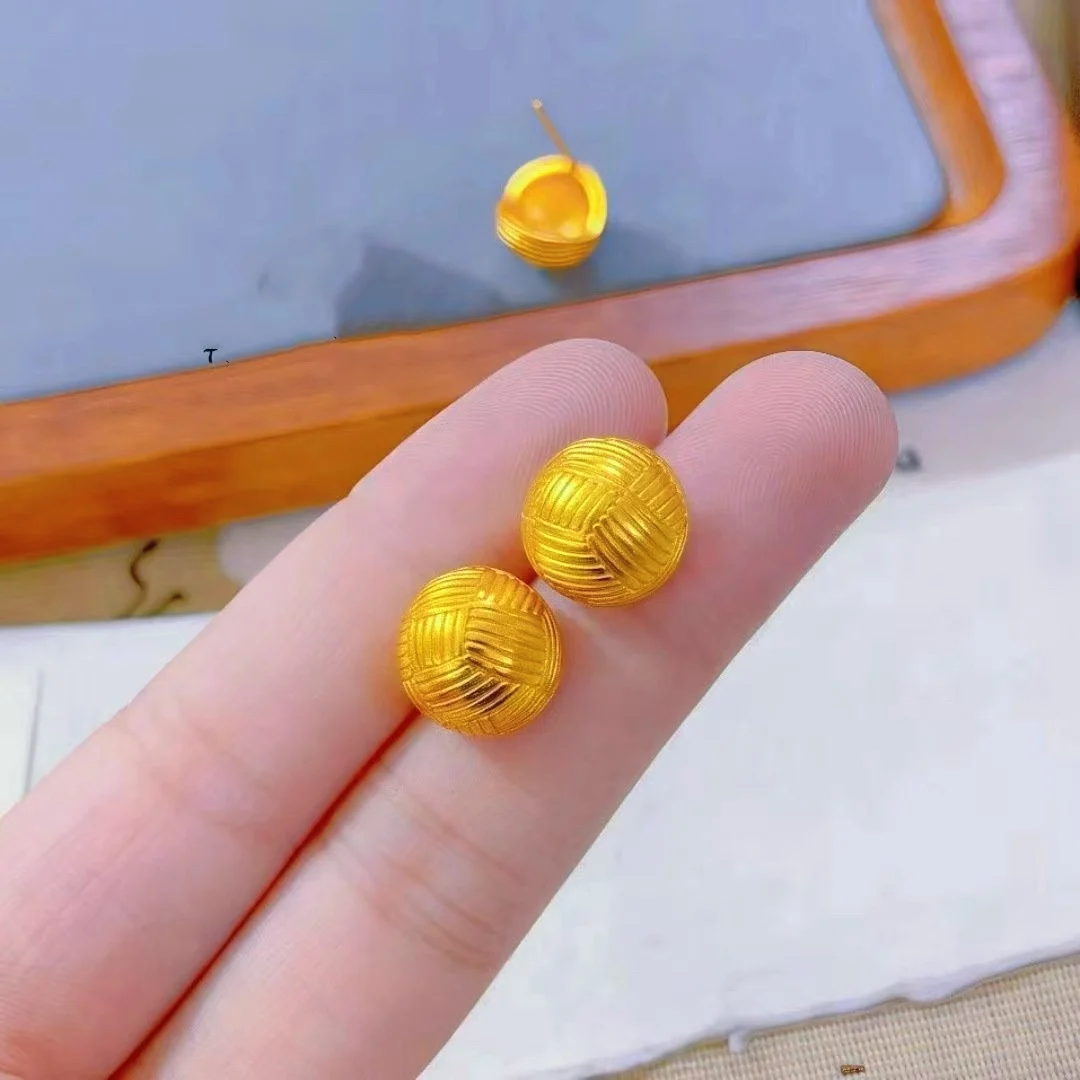 Cynlo Jewelry Woven Brushed Round Earrings Women's 24K Gold AU999 - Cute tiny round shape, vintage woven design, for afternoon t