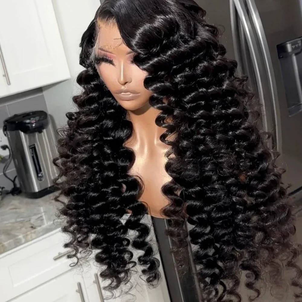 

26-дюймовые черные кудрявые парики с глубокой волной, плотность 180%, 13*4*1, с кружевной передней частью, для женщин, с детским волосом, из синтетического волокна, для повседневной носки