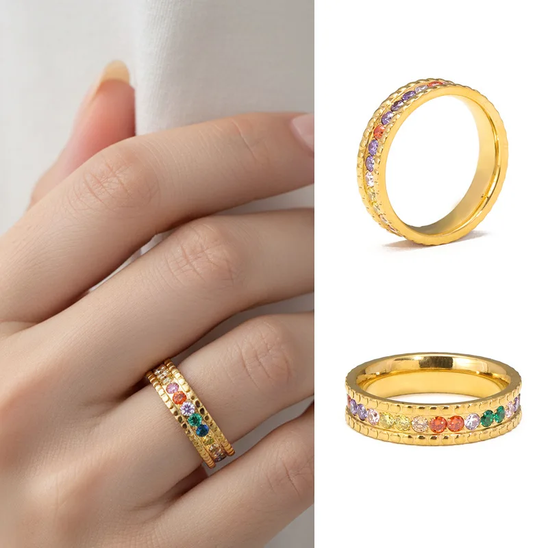 Trend neuer minimalistischer Schmuck, PVD-vergoldeter Edelstahl, regenbogenfarbener Zirkonia, bunter Ring für Geschenke für Frauen