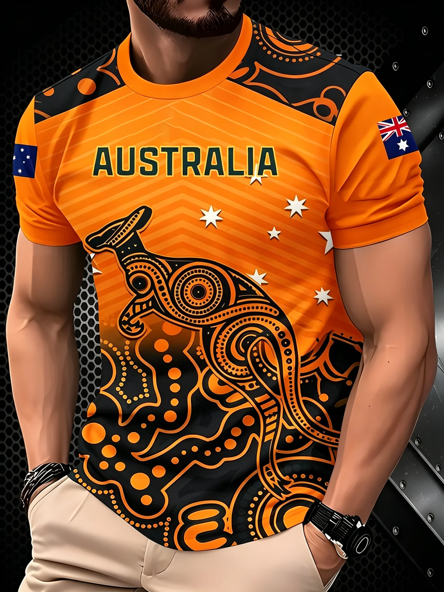 Australian kangaroo Aboriginal totem T-shirt, men's sports short-sleeved shirt with yellow-green gradient national flag design.