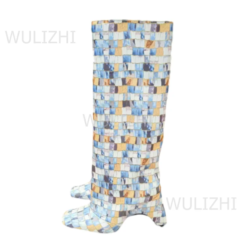 Colorful Checkered Patchwork Leather Knee-High Boots Women Cute Stylish Black Cool Square Toe Upright Booties Strange Heel Shoes