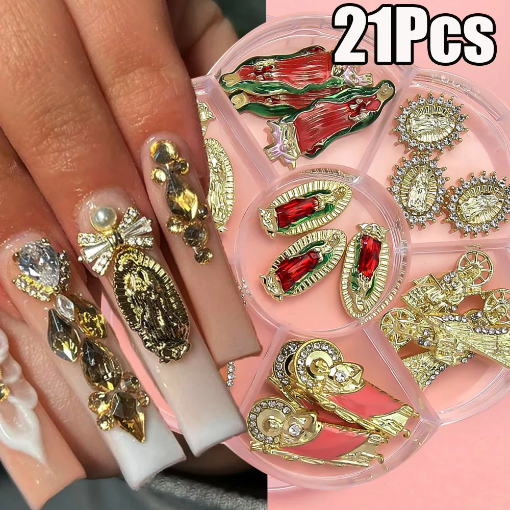 21Pcs/box Luxury Alloy Virgin Mary 3D Nail Charms 15-25mm Glitter Diamond Virgin Mary Nail Art Decor DIY Metal Y2K Mary Virgin